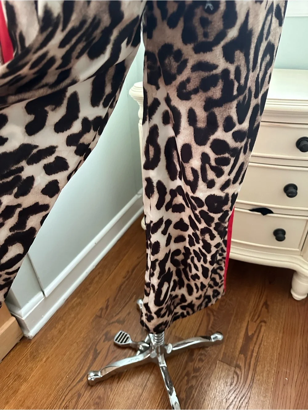 Leopard Print Wide Leg Pants with Red Side Stripe